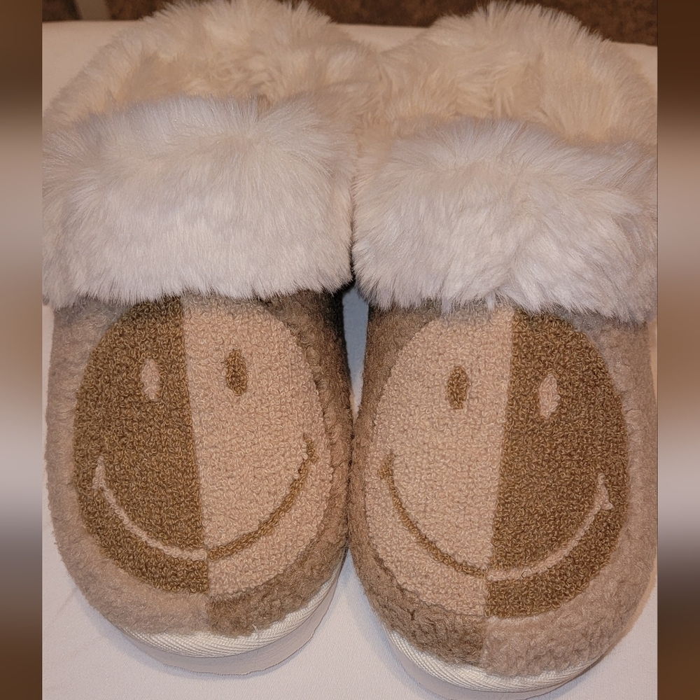 Cozy Tan Smiley Face Slippers